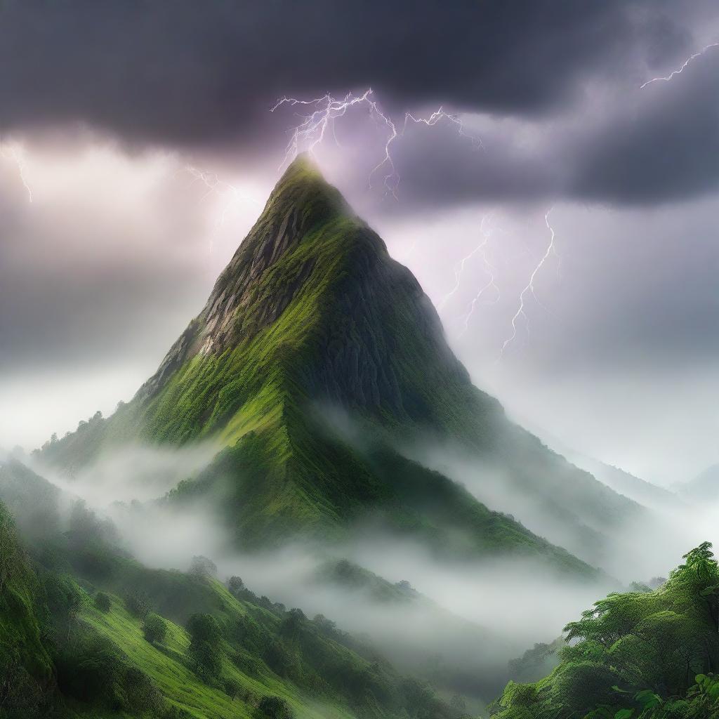 A hyper-realistic image of a mystical hill swathed in lush greenery, with a dense fog creeping over the peak. Complete the scene with a dramatic lightning strike splitting the foggy sky.