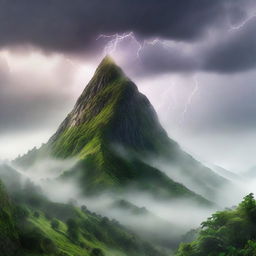 A hyper-realistic image of a mystical hill swathed in lush greenery, with a dense fog creeping over the peak. Complete the scene with a dramatic lightning strike splitting the foggy sky.