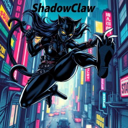 An exhilarating digital artwork of ShadowClaw, a stunning action hero and Superpower-Pantherwoman ninja, captured mid-air in a dynamic comic-strip style