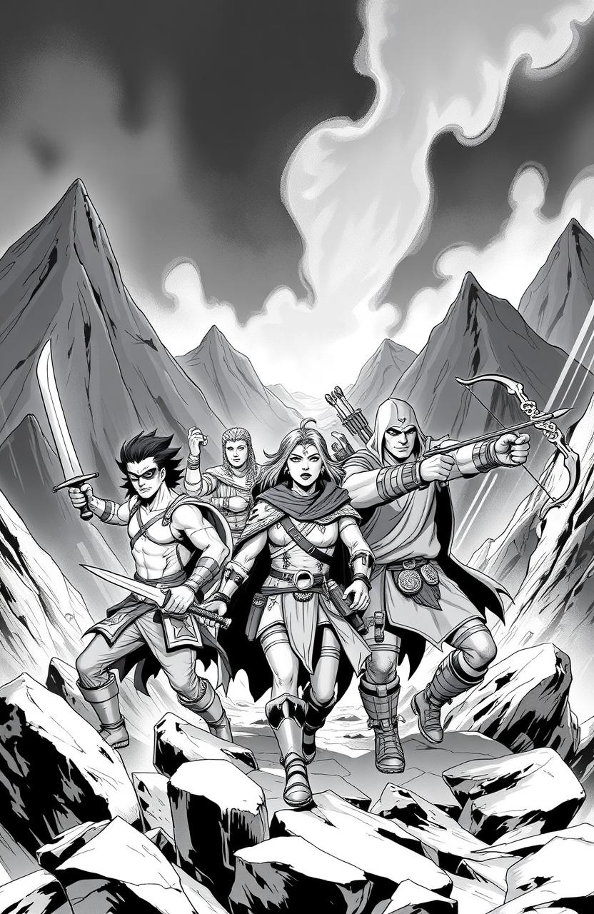 A dynamic black and white illustration of a group of five adventurers embarking on a journey together