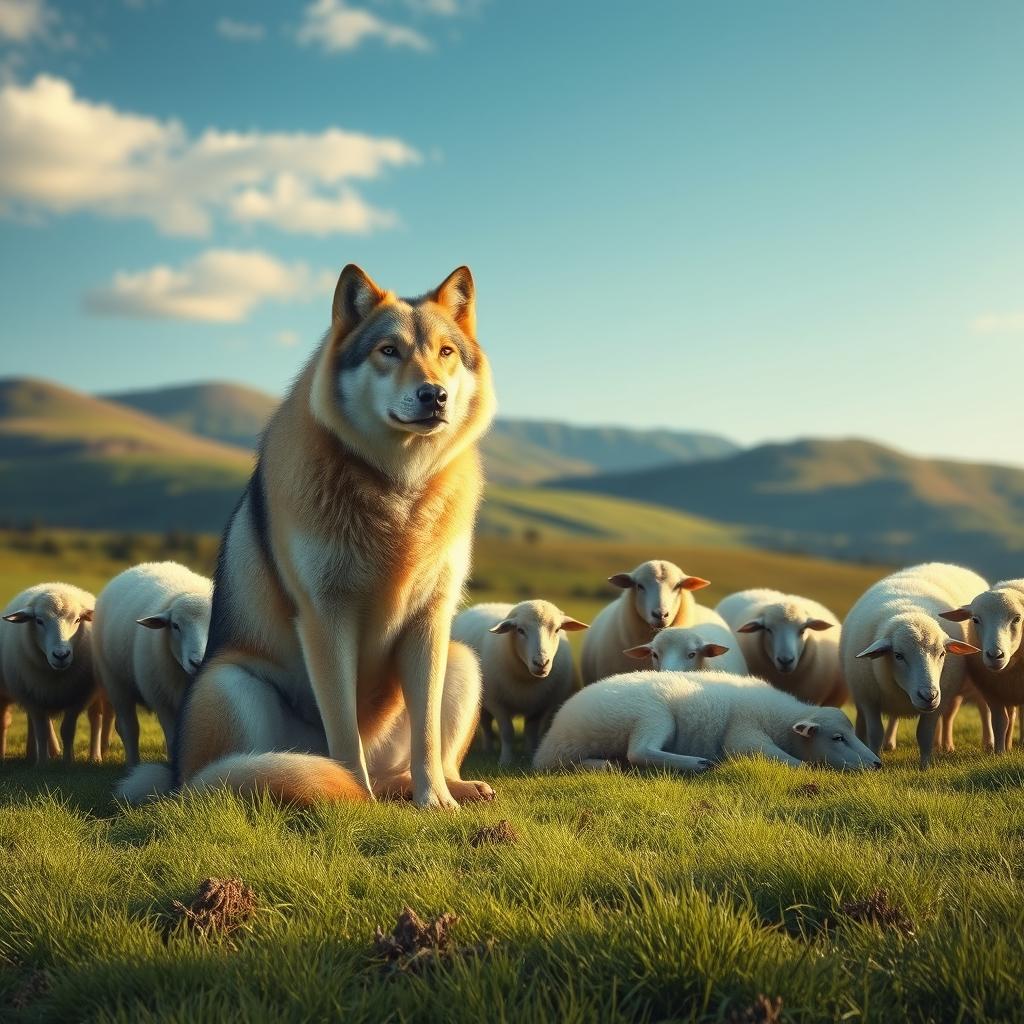 A calm scene depicting a wolf sitting peacefully at the feet of a flock of sheep