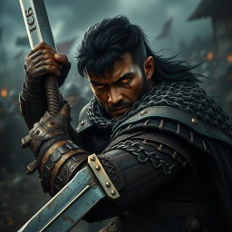 A fierce soldier wielding a large sword, adorned in heavy chainmail armor
