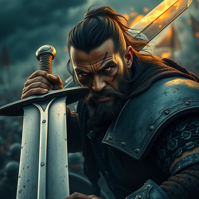 A fierce soldier wielding a large sword, adorned in heavy chainmail armor