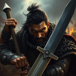 A fierce soldier wielding a large sword, adorned in heavy chainmail armor