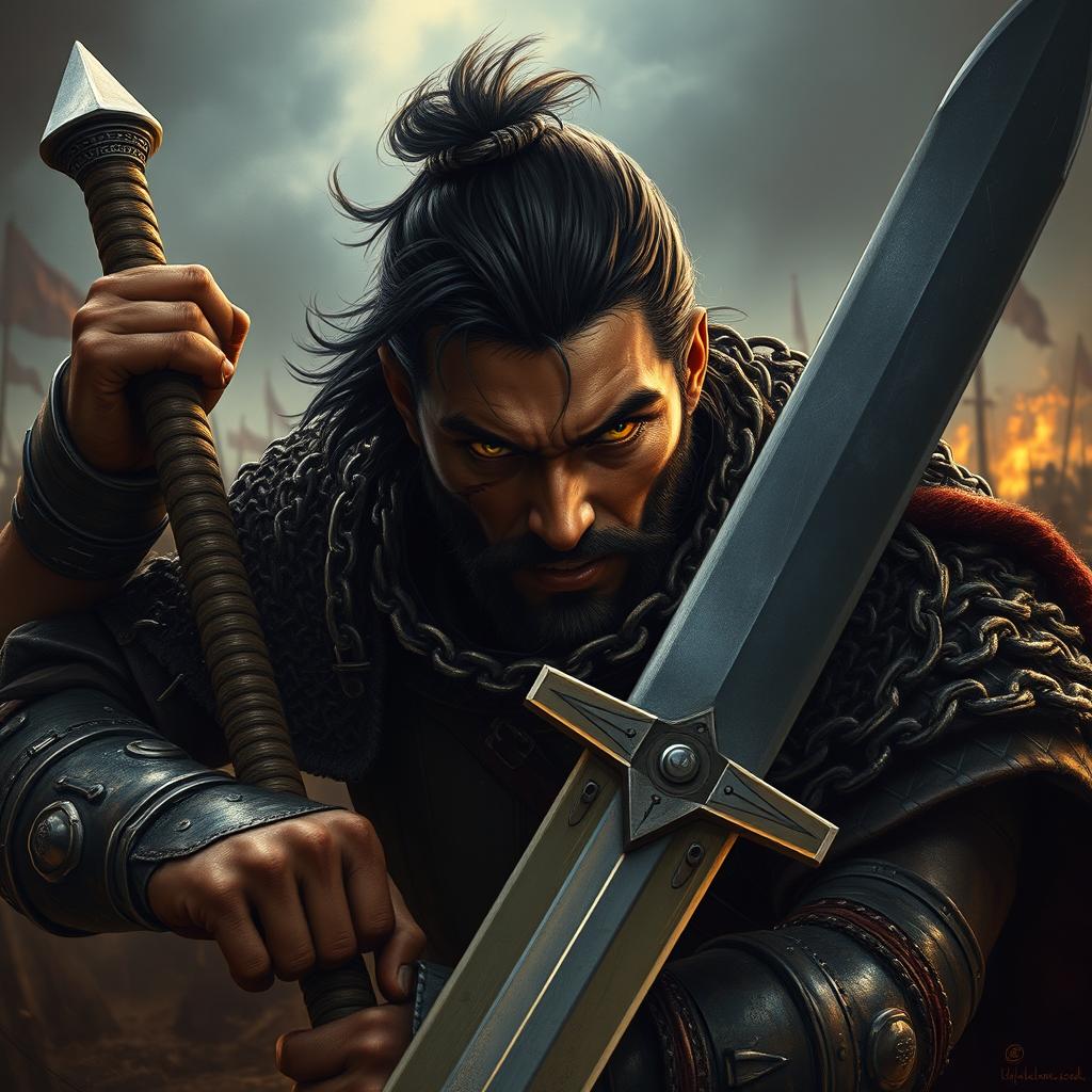 A fierce soldier wielding a large sword, adorned in heavy chainmail armor