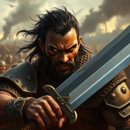 A fierce soldier wielding a large sword, adorned in heavy chainmail armor