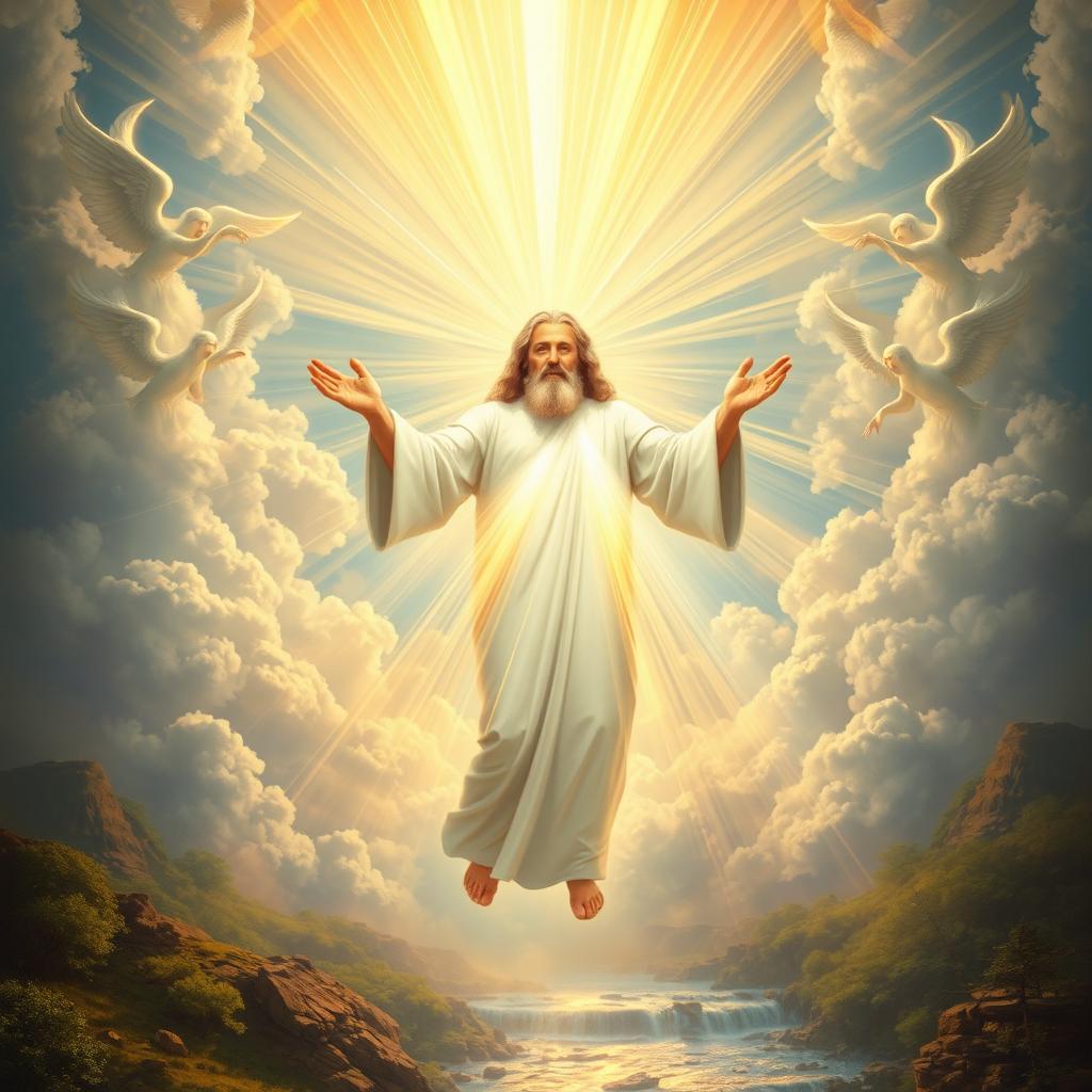 A divine depiction of God as described in various Biblical interpretations, represented as a magnificent and glorious figure enveloped in radiant light