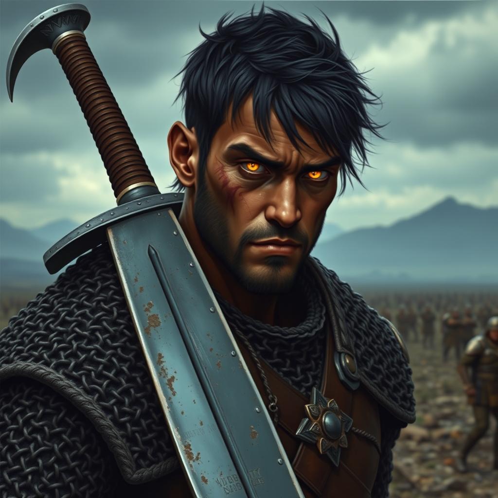 A soldier with a large sword strapped to his back, wearing heavy chainmail armor