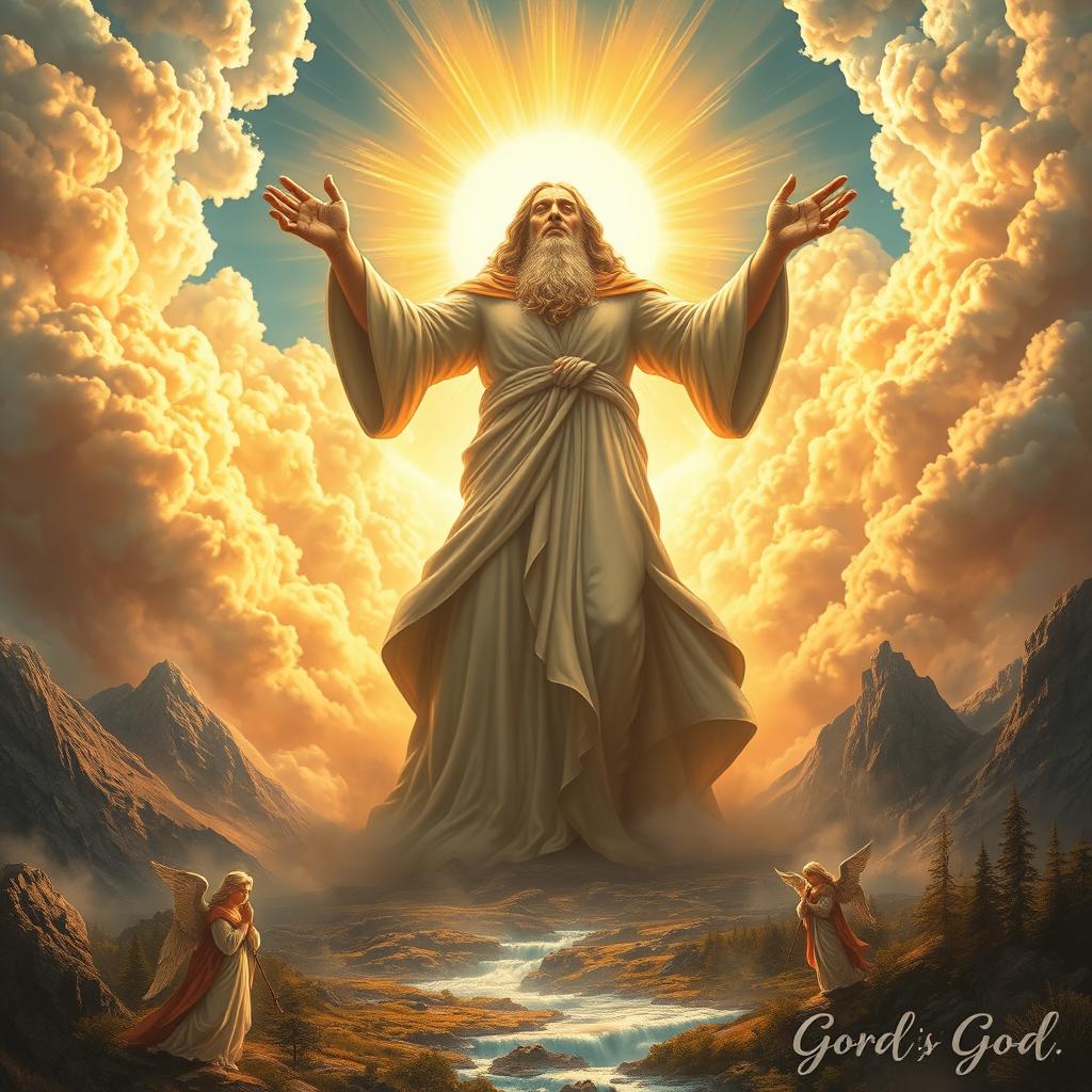 A powerful representation of God as described in the Bible, depicted as an immense and majestic figure, radiating strength and authority