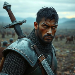 A soldier with a large sword strapped to his back, wearing heavy chainmail armor