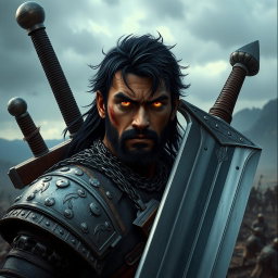 A soldier with a large sword strapped to his back, wearing heavy chainmail armor