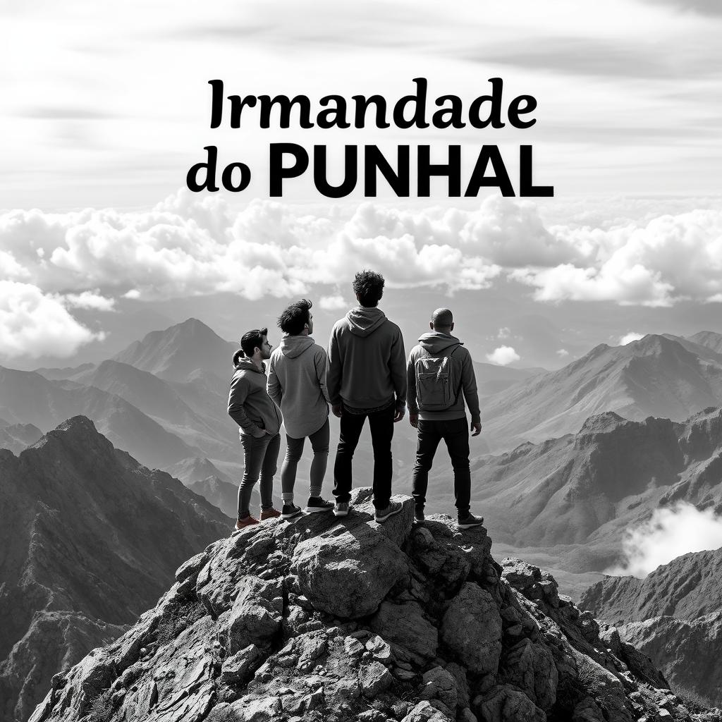 A striking book cover design featuring a group of five diverse companions overlooking an epic landscape from the top of a mountain