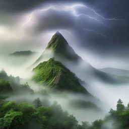 A hyper-realistic image of a mystical hill swathed in lush greenery, with a dense fog creeping over the peak. Complete the scene with a dramatic lightning strike splitting the foggy sky.