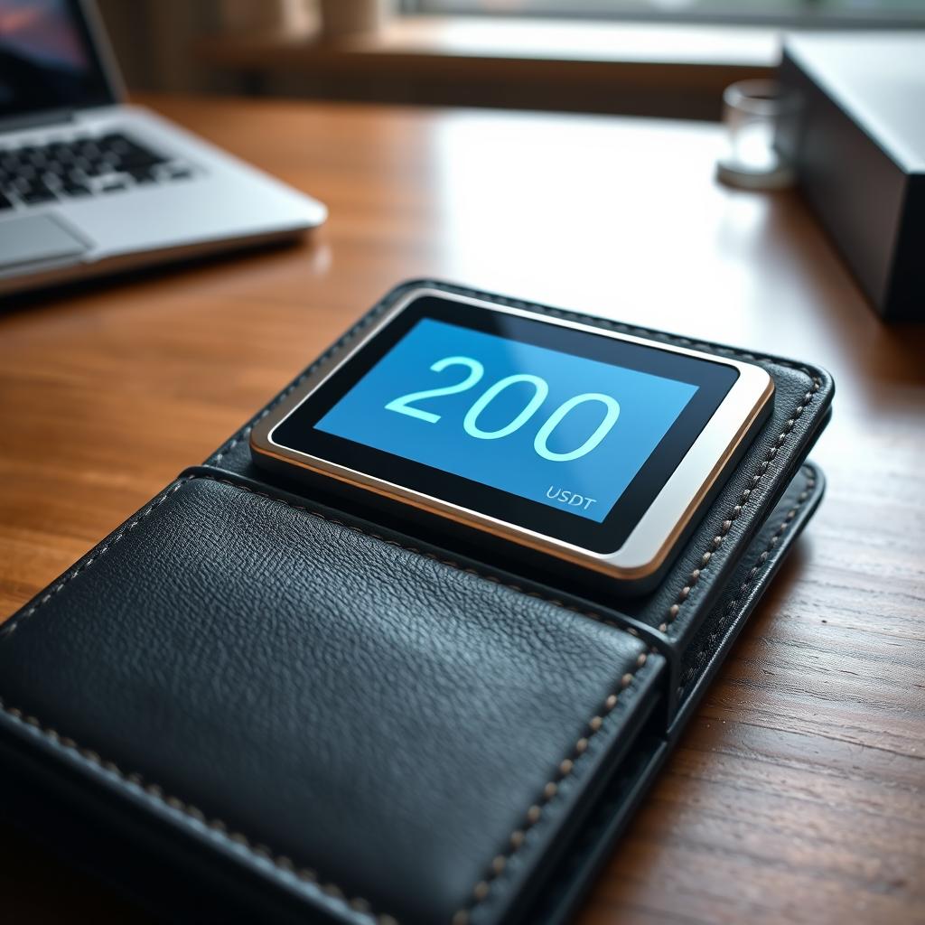 A beautifully designed modern wallet showcasing a digital screen displaying an amount of 200 USDT