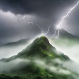 A hyper-realistic image of a mystical hill swathed in lush greenery, with a dense fog creeping over the peak. Complete the scene with a dramatic lightning strike splitting the foggy sky.