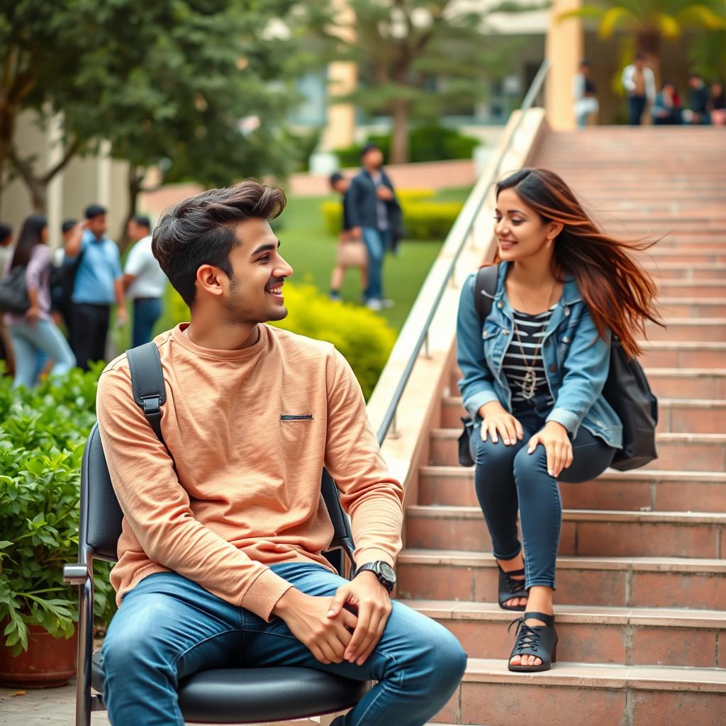 A young man sitting on a chair in a university setting and a young woman descending a staircase, both at the Jordan University of Agriculture