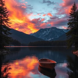 A serene landscape featuring a vibrant sunset over a tranquil lake, with reflections of the colorful sky shimmering on the water's surface