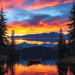 A serene landscape featuring a vibrant sunset over a tranquil lake, with reflections of the colorful sky shimmering on the water's surface