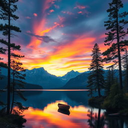 A serene landscape featuring a vibrant sunset over a tranquil lake, with reflections of the colorful sky shimmering on the water's surface