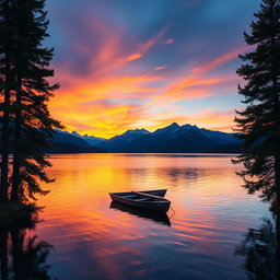 A serene landscape featuring a vibrant sunset over a tranquil lake, with reflections of the colorful sky shimmering on the water's surface
