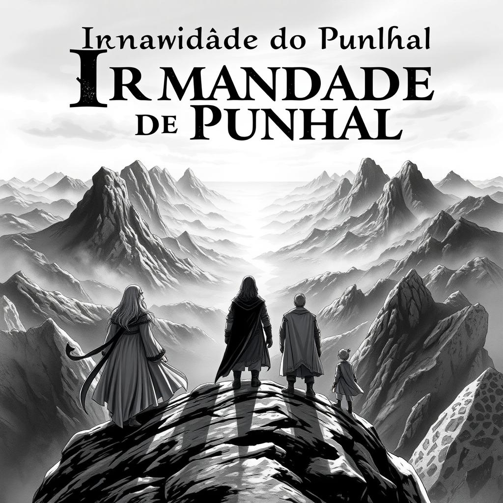 An impressive book cover design featuring a group of five medieval companions standing at the edge of a mountain, gazing over an epic landscape