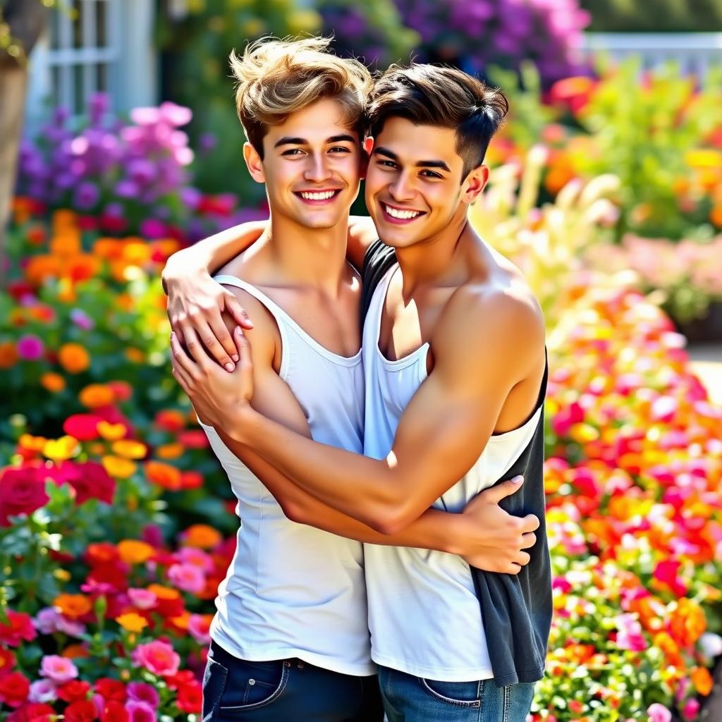 Two young male individuals, celebrating love and connection, standing in a beautifully landscaped garden filled with vibrant flowers