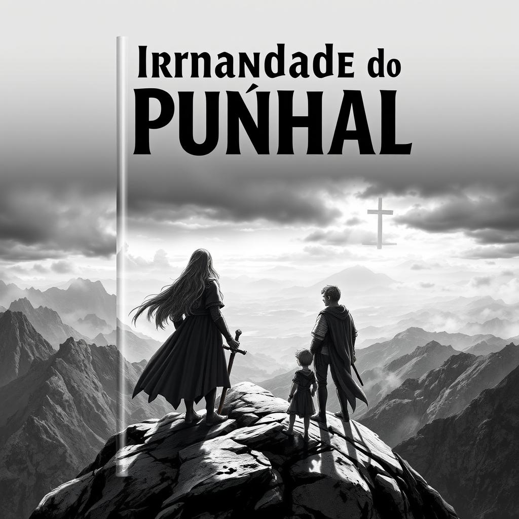 A dramatic book cover design featuring a group of five medieval companions standing at the summit of a mountain, gazing out over an expansive and epic landscape