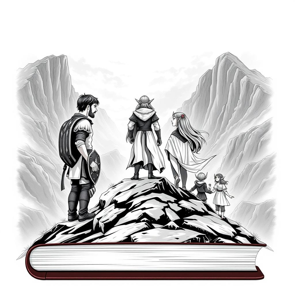 An striking book cover design depicting a group of five medieval companions standing confidently at the summit of a mountain, against an expansive and epic landscape