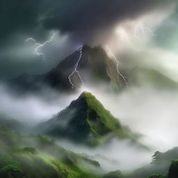 A hyper-realistic image of a mystical hill swathed in lush greenery, with a dense fog creeping over the peak. Complete the scene with a dramatic lightning strike splitting the foggy sky.