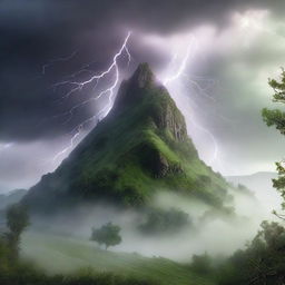 Hyper-realistic image of a mystical hill covered in lush greenery and fog. A dramatic lightning strike lights up the scene, revealing a subtle hint of a mythical creature hiding within the foliage.