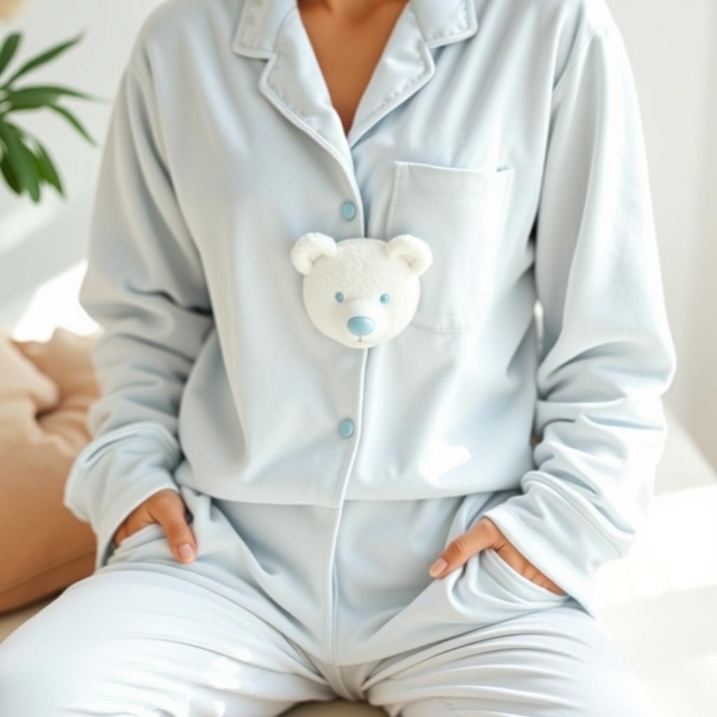 A stylish pair of white velvet pajamas featuring long sleeves, designed in a soothing baby blue color
