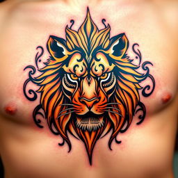 A vibrant and eye-catching design featuring a tattoo inspired by the concept of a 'tattolion', which creatively combines the elements of a lion tattoo with intricate tribal patterns