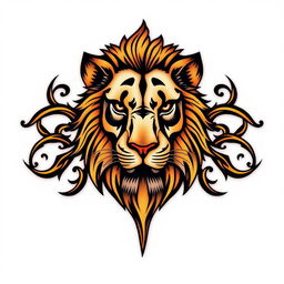 A vibrant and eye-catching design featuring a tattoo inspired by the concept of a 'tattolion', which creatively combines the elements of a lion tattoo with intricate tribal patterns