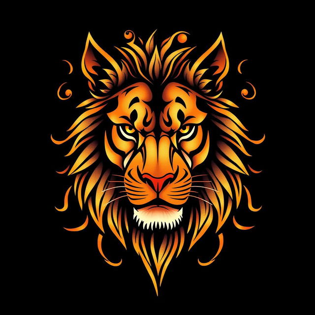 A vibrant and eye-catching design featuring a tattoo inspired by the concept of a 'tattolion', which creatively combines the elements of a lion tattoo with intricate tribal patterns