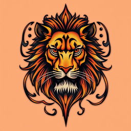 A vibrant and eye-catching design featuring a tattoo inspired by the concept of a 'tattolion', which creatively combines the elements of a lion tattoo with intricate tribal patterns