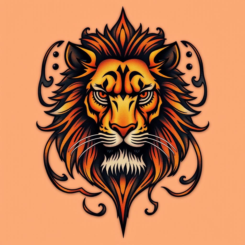 A vibrant and eye-catching design featuring a tattoo inspired by the concept of a 'tattolion', which creatively combines the elements of a lion tattoo with intricate tribal patterns