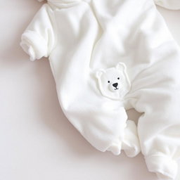 A cozy pair of newborn pajamas, snow-white in color, featuring a charming pocket designed in the shape of a bear's head located on the right chest