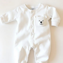 A cozy pair of newborn pajamas, snow-white in color, featuring a charming pocket designed in the shape of a bear's head located on the right chest