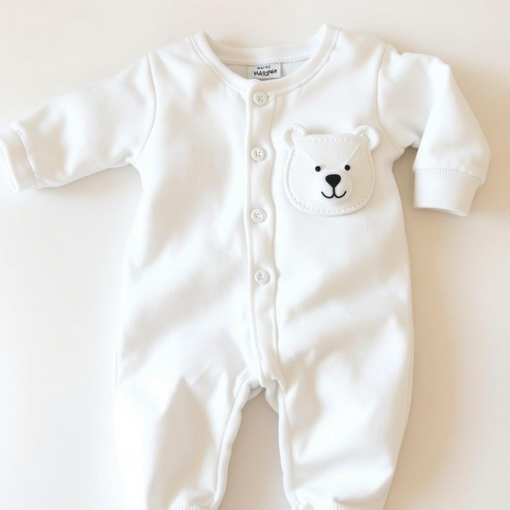 A cozy pair of newborn pajamas, snow-white in color, featuring a charming pocket designed in the shape of a bear's head located on the right chest