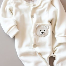 A cozy pair of newborn pajamas, snow-white in color, featuring a charming pocket designed in the shape of a bear's head located on the right chest