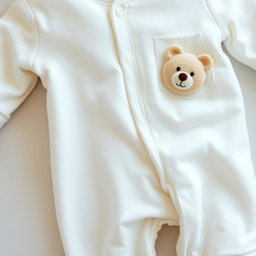 A cozy pair of newborn pajamas, snow-white in color, featuring a charming pocket designed in the shape of a bear's head located on the right chest