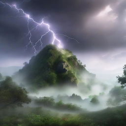 Hyper-realistic image of a mystical hill covered in lush greenery and fog. A dramatic lightning strike lights up the scene, revealing a subtle hint of a mythical creature hiding within the foliage.