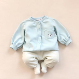 A cozy and adorable pajama set for a newborn child featuring a baby blue balloon-sleeve blouse and matching snow-white pants