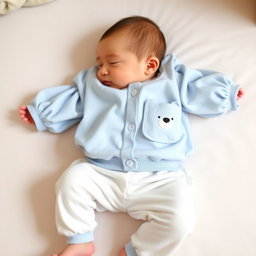 A cozy and adorable pajama set for a newborn child featuring a baby blue balloon-sleeve blouse and matching snow-white pants