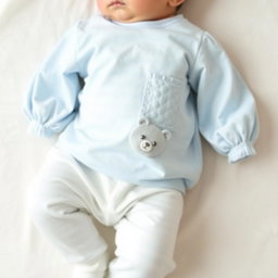 A cozy and adorable pajama set for a newborn child featuring a baby blue balloon-sleeve blouse and matching snow-white pants