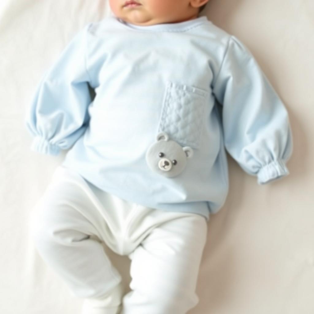 A cozy and adorable pajama set for a newborn child featuring a baby blue balloon-sleeve blouse and matching snow-white pants