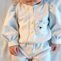 A delightful pajama set for a newborn child, featuring a blouse with balloon sleeves in a soothing baby blue color and paired with snow-white pants
