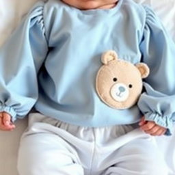 A delightful pajama set for a newborn child, featuring a blouse with balloon sleeves in a soothing baby blue color and paired with snow-white pants