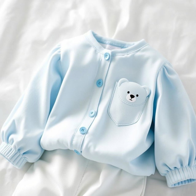 A delightful pajama set for a newborn child, featuring a blouse with balloon sleeves in a soothing baby blue color and paired with snow-white pants