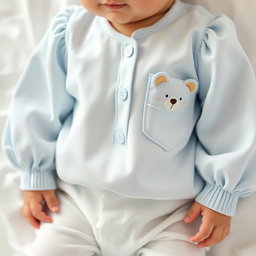 A delightful pajama set for a newborn child, featuring a blouse with balloon sleeves in a soothing baby blue color and paired with snow-white pants
